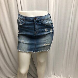 Love Fire Mini Jean Skirt Womens Size 6 Distressed Blue Denim Raw Edge Pockets